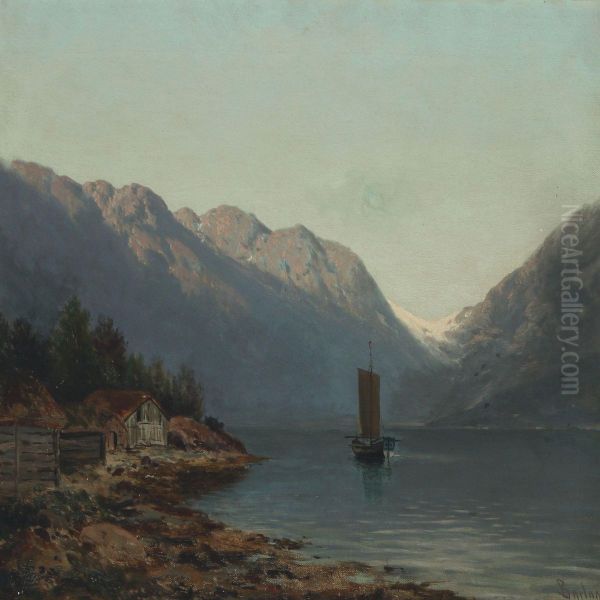 Norwegian Mountain Scape With Lake Oil Painting by Philip Barlag