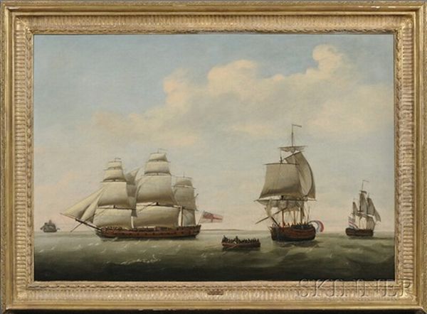 Royal Navy Squadron Of The White, Merchantman, And Other Vessels In Coastal Waters Oil Painting by Francis Holman