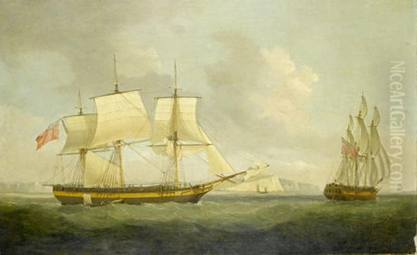 A Three-masted Merchantman In Two Positions In The Downs, The First View Depicting Her Hove-to And Taking On The Pilot, The Second Showing Her Bearing Away Up The Channel Under Full Sail Oil Painting by Francis Holman