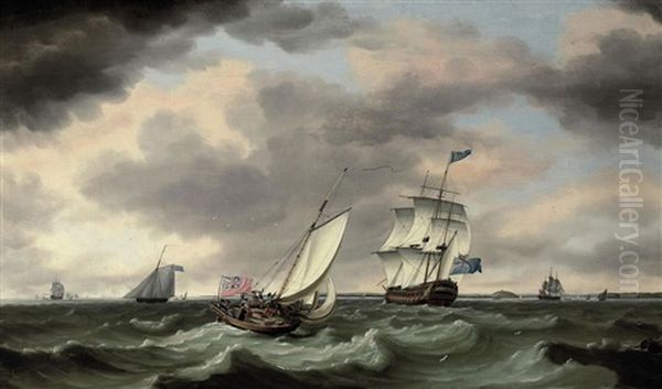 An Outward-bound 74 Carrying An Admiral Of The Blue Beating Down The Channel Past Falmouth Bay On A Blustery Day, With A Naval Cutter Approaching The Man-o'war's Stern Quarter Oil Painting by Francis Holman