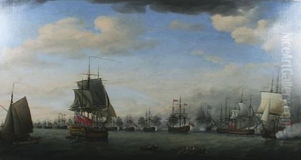 The Action Between The Fleets Of Rear-admiral Sir Samiel Hood And The French Comte De Grass In Frigate Bay, Off Basseterr, St.kitts Oil Painting by Francis Holman