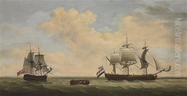 A Royal Navy 14-gun Brig Accepting The Surrender Of A Dutch East Indiaman Oil Painting by Francis Holman