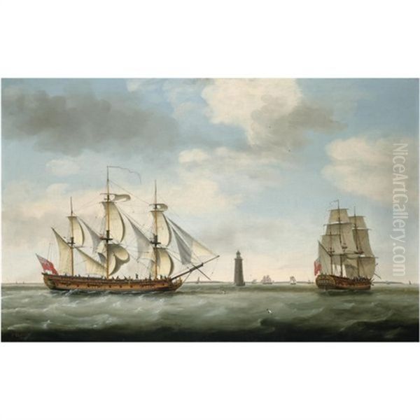 Captain John Carr And His Ship "vere", In Two Positions Off The Eddystone Lighthouse Oil Painting by Francis Holman