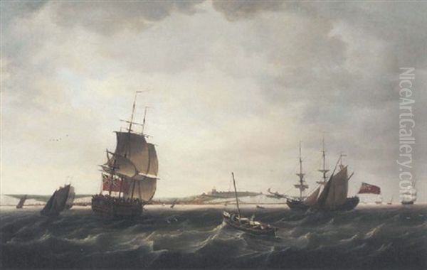 A Fifth Rate In Two Positions, One Under Sail And One At Anchor In The Channel Off Dover by Francis Holman