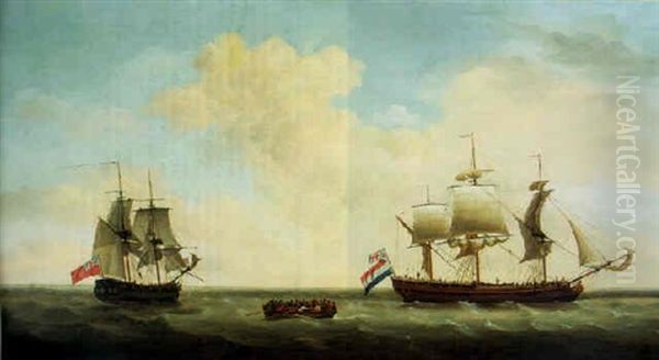 A Three Masted Barque And A Frigate In Open Seas Oil Painting by Francis Holman