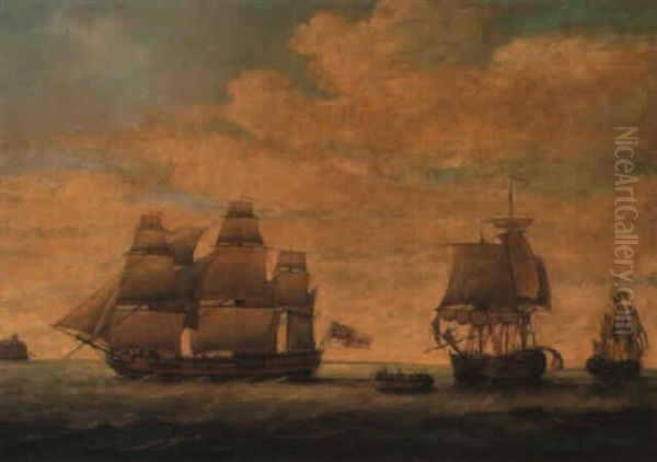 'hyaena' Capturing Three Dutch West Indiamen Off The Island Of St. Eustatius Oil Painting by Francis Holman