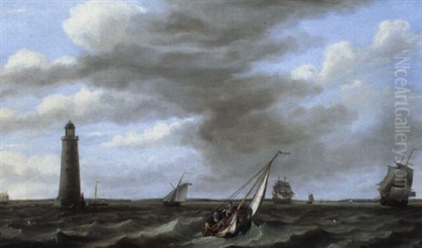 Shipping Off The Eddystone Lighthouse Oil Painting by Francis Holman