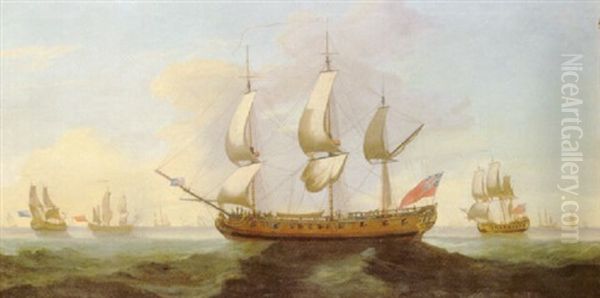 A British Man Of War And Other Shipping In Open Seas Oil Painting by Francis Holman