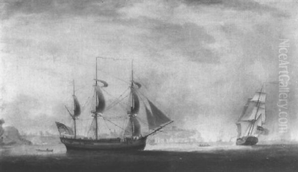 A Brig Sloop And Other Shipping Off A Coast by Francis Holman