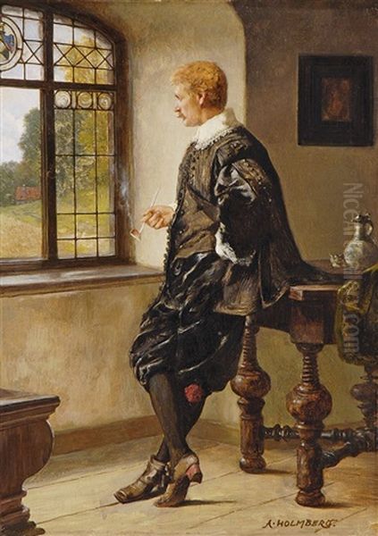 Herr Mit Pfeife Am Fenster Oil Painting by August Johann Holmberg