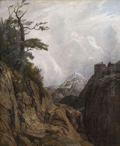 Eselreiter In Hochgebirgslandschaft Oil Painting by August Johann Holmberg