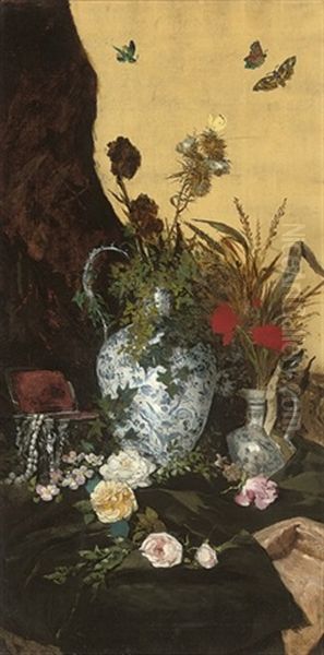 Still Life With Butterflies Oil Painting by August Johann Holmberg