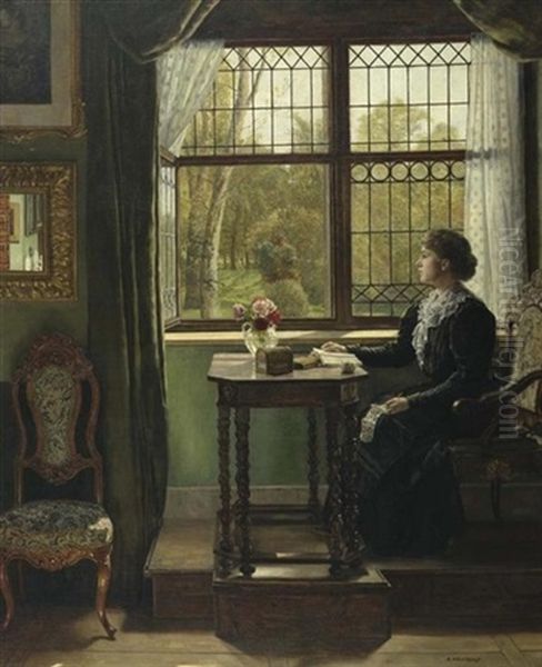 Interieur Mit Junger Frau Am Fenster Oil Painting by August Johann Holmberg