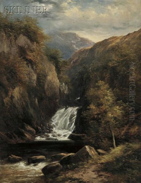 View Of A Surveyor At The Base Of A Waterfall Oil Painting by Adam Barland