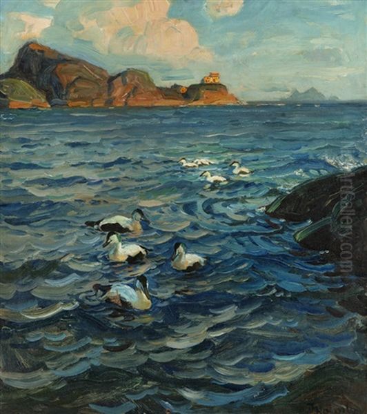 Eiders By Skroven, Reine Lighthouse, Lofoten Oil Painting by Thorolf Holmboe