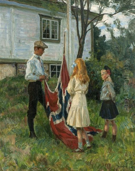 Children Raising The Norwegian Flag Oil Painting by Thorolf Holmboe