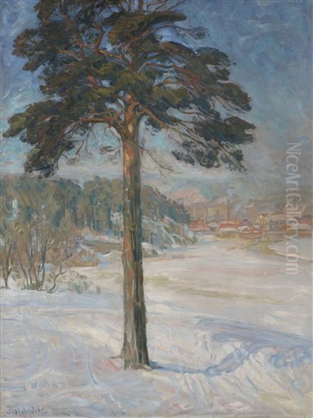 Vinterlandskap Klosterenga Mot Kvaerndalen Oil Painting by Thorolf Holmboe