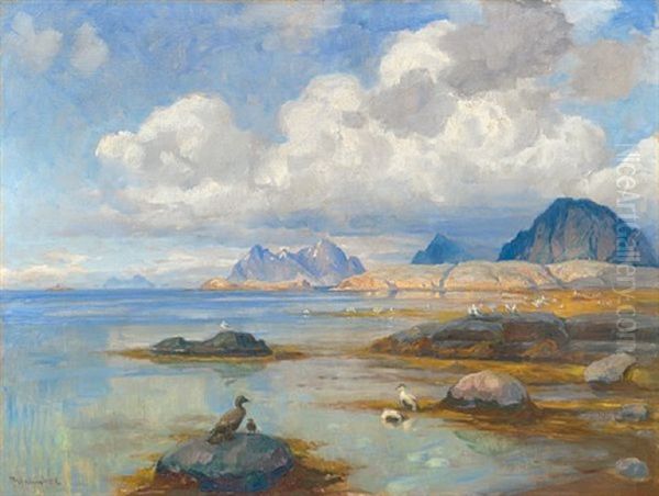 Sjofugler Ved Kysten Nordpa Oil Painting by Thorolf Holmboe