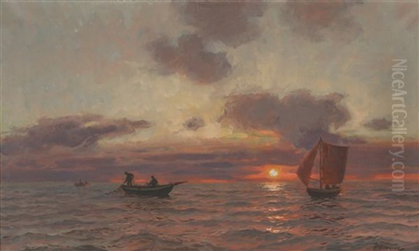 Fiskebater I Solnedgang Oil Painting by Thorolf Holmboe