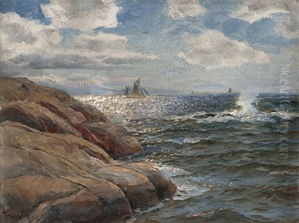 Seilskute I Kystlandskap Oil Painting by Thorolf Holmboe