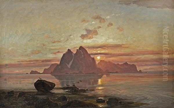 Skarvene Pa Rost, Midnattsol Oil Painting by Thorolf Holmboe