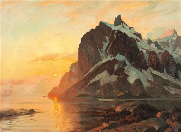 Midnattsol Lofoten (midnight Sun In Lofoten) Oil Painting by Thorolf Holmboe