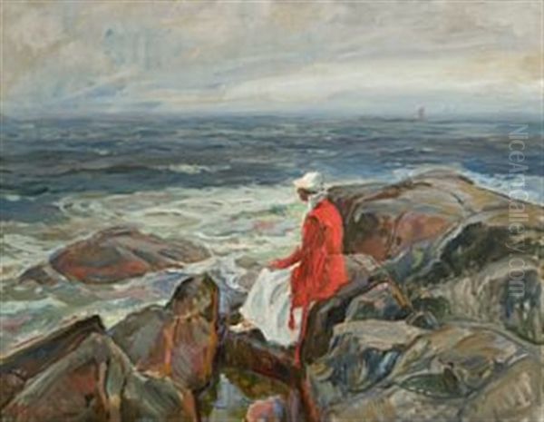 Kvinne Skuer Ut Over Havet Oil Painting by Thorolf Holmboe