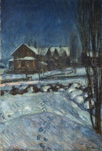 Landscape In Moonlight With A House Oil Painting by Thorolf Holmboe