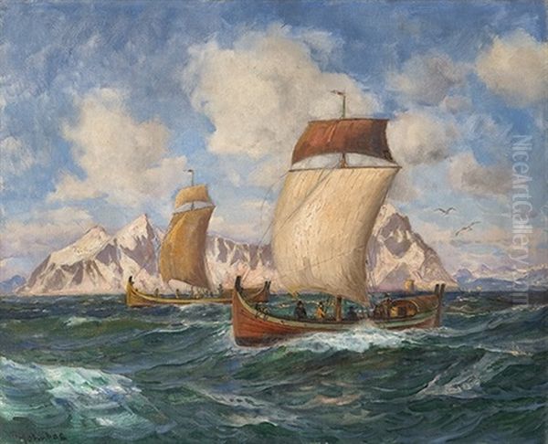 Sailing Boats In Fresh Breeze Oil Painting by Thorolf Holmboe