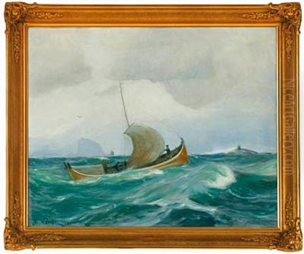 A Fishing Vessel On Open Sea Oil Painting by Thorolf Holmboe