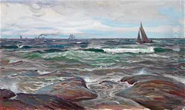 Skipstrafikk Ved Kysten Oil Painting by Thorolf Holmboe