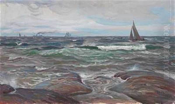 Skipstrafikk Ved Kysten Oil Painting by Thorolf Holmboe