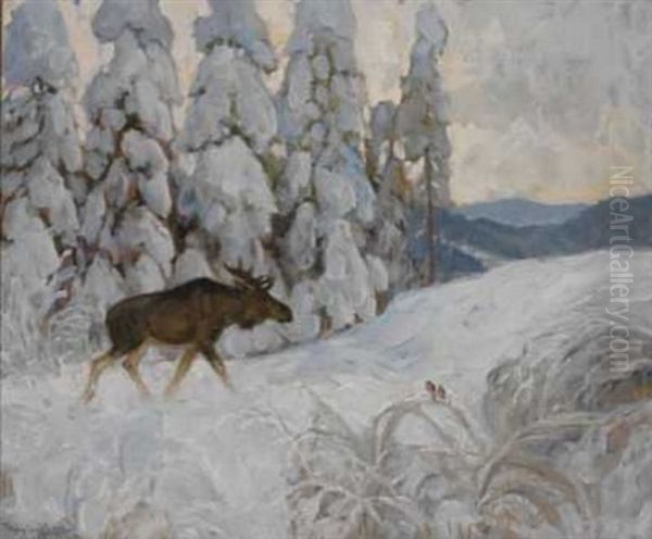 Vinterlandskap Med Elg Og Dompaper Oil Painting by Thorolf Holmboe