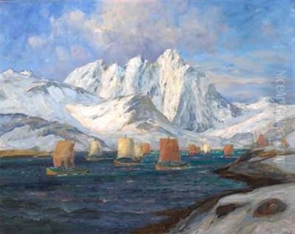 Nordlandssjekter Pa Vei Mot Fiske Oil Painting by Thorolf Holmboe