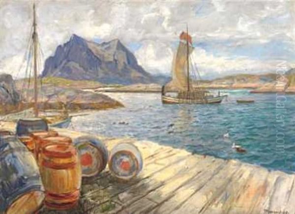 Fiskebrygge Med Tonner Oil Painting by Thorolf Holmboe