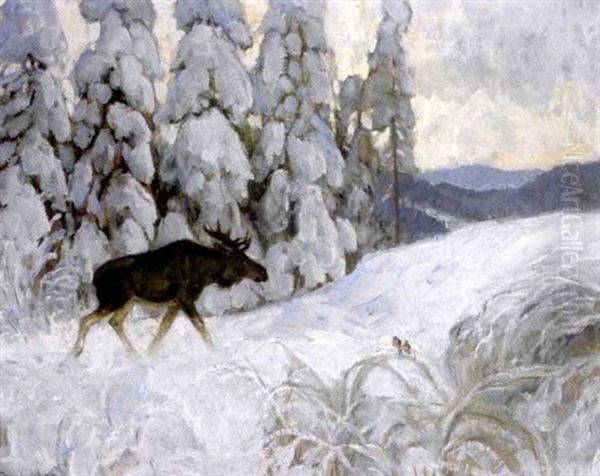 Vinterlandskap Med Elg Og Dompaper Oil Painting by Thorolf Holmboe