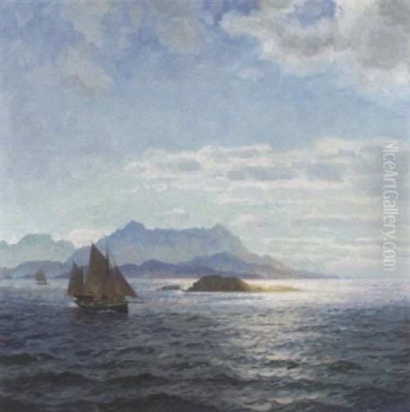 Galease For Fulle Seil Langs Kysten Oil Painting by Thorolf Holmboe