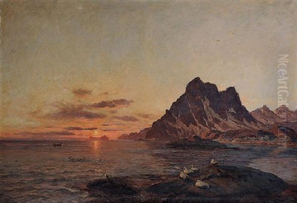 Midnattsol Pa Nordkap Oil Painting by Thorolf Holmboe