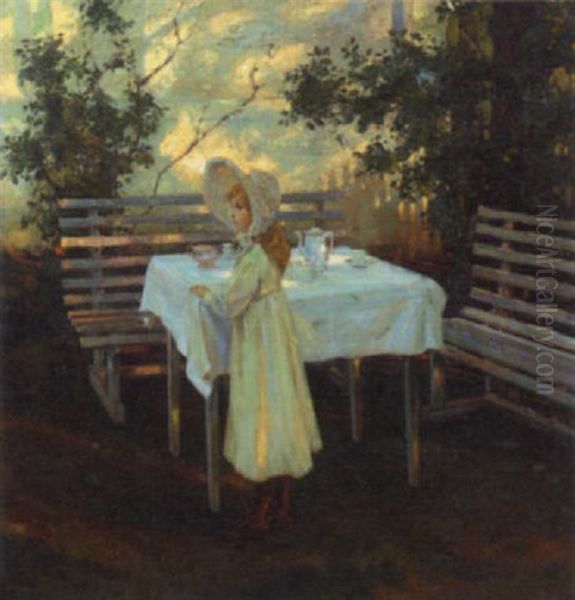 A Young Girl Preparing The Table For Tea In The Garden Oil Painting by Thorolf Holmboe