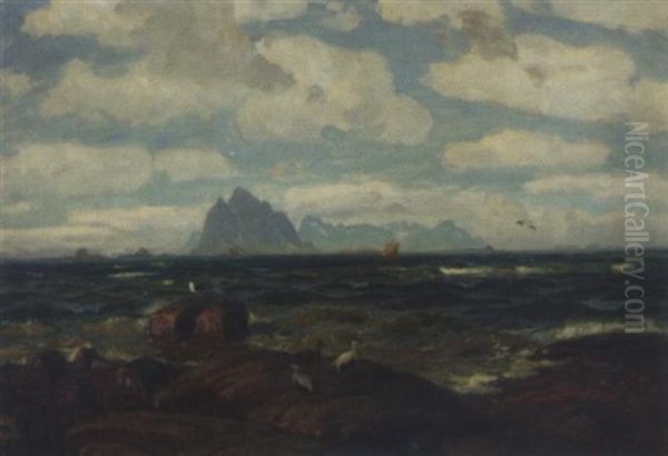 Fugleliv Pa Klippene Oil Painting by Thorolf Holmboe