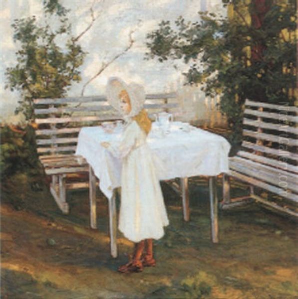 Girl In A White Hat Oil Painting by Thorolf Holmboe