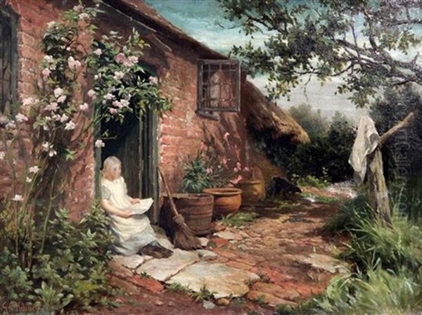 Seated Girl In A Cottage Doorway Oil Painting by George Augustus Holmes