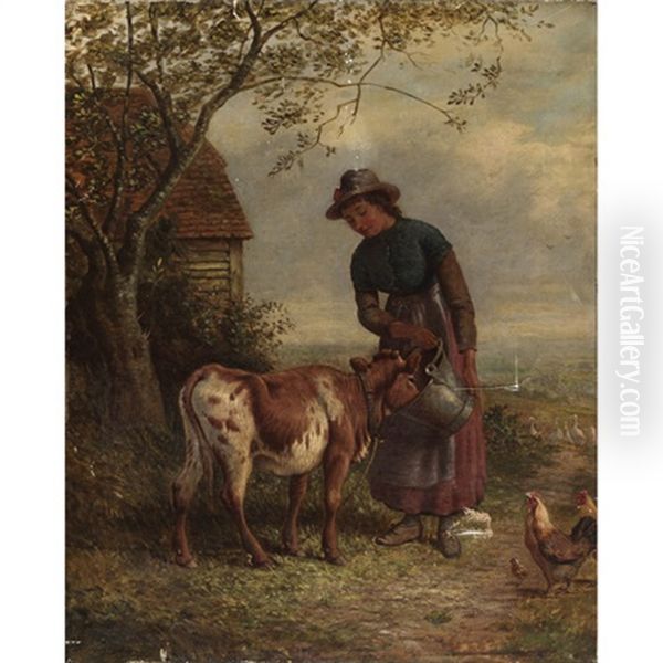 Feeding The Calf Oil Painting by George Augustus Holmes