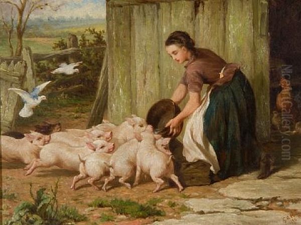 Feeding Time Oil Painting by George Augustus Holmes