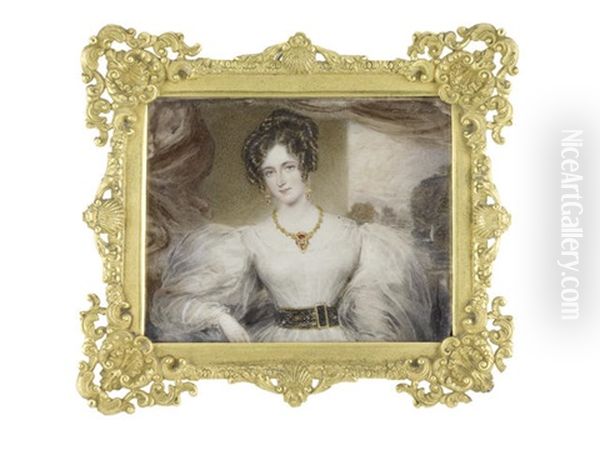 A Lady, Wearing White Dress With Black Jeweled Waist-belt, Gold Necklace And Pendent Earrings Set With Rubies, Her Brown Hair Elaborately Curled And Upswept Oil Painting by James Holmes