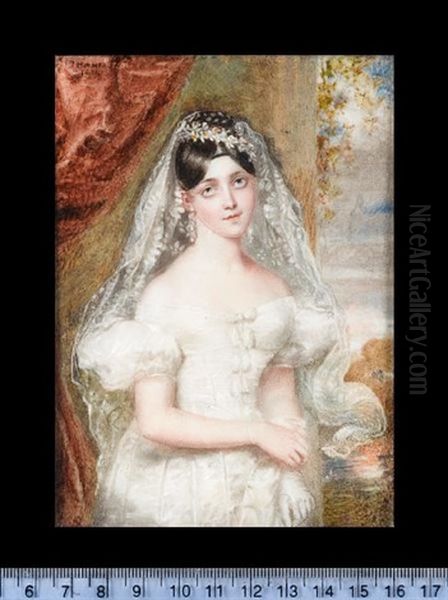 Justine Henrietta Frederique Ross (nee Macrae), Wearing Her Wedding Dress, Long Lace Veil, Pendent Pearl Earrings Oil Painting by James Holmes