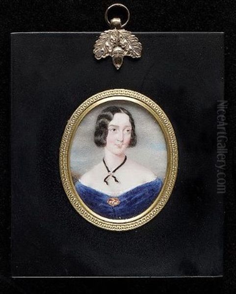 Lady Catherine Denys Wearing Blue Dress, Brooch At Her Corsage And Ribbon Necklace (+ Isabella, Baroness De Veauce Wearing White Dress, Flowers At Her Corsage And Gold Necklace, 1848, Insc.; Pair) Oil Painting by James Holmes