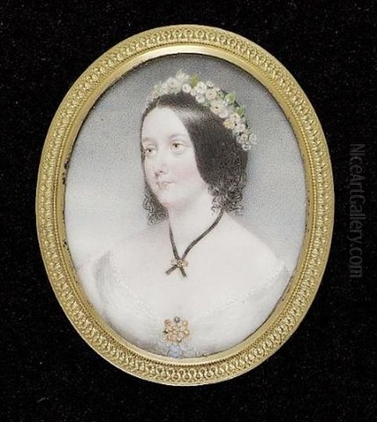 Geraldine Perceval Wearing White Dress With Brooch At Her Corsage, Black Ribbon Held With A Gold Slide And Garland Of Flowers In Her Dark Hair Oil Painting by James Holmes