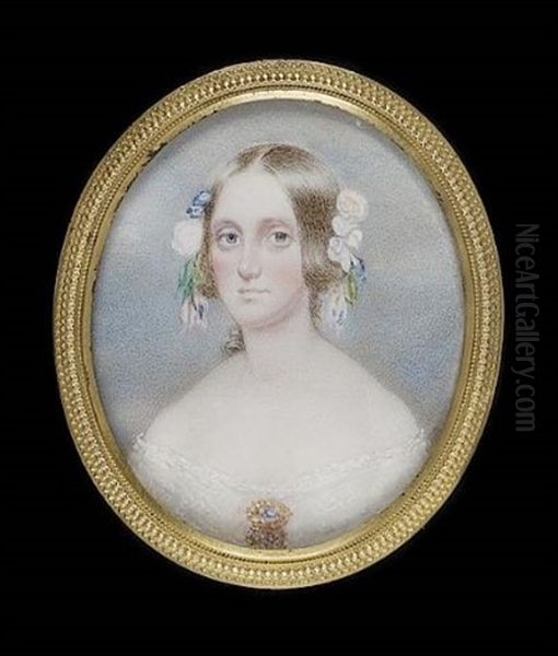 Anne Caroline Perceval, Later Mrs. Houstoun, Wearing White Dress With Gold Brooch Ar Her Corsage, Flowers In Her Hair Oil Painting by James Holmes