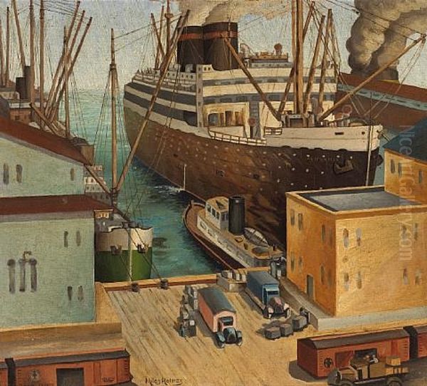 Docked Ships (san Francisco?) Oil Painting by Miles Emil Holmes